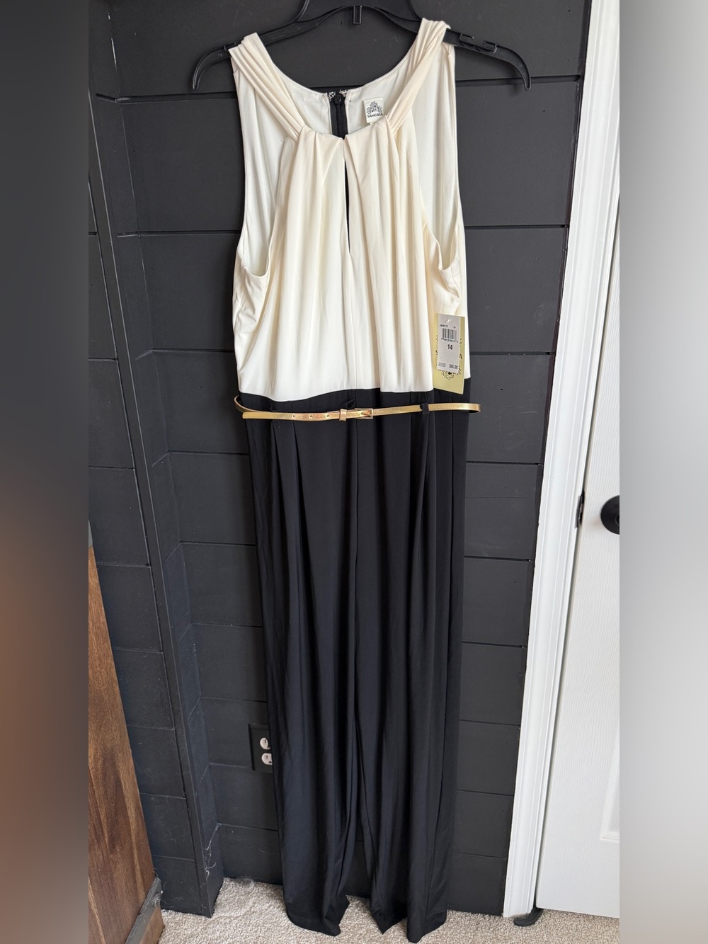 Sangria Cream and Black Sleeveless Jumpsuit with Gold Belt Accent